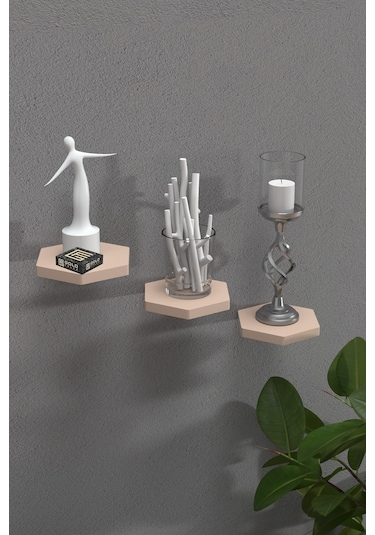 Duvar Rafı Dekoratif 3 Adet Çiçeklik Altıgen Krem