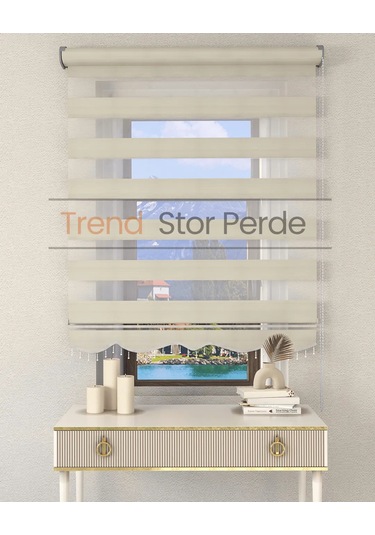 Geniş Plise Krem Boncuklu Zebra Stor Güneşlik Perde Opak Krem