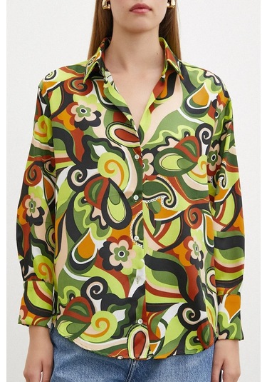 Kadın Uzun Kol Çiçek Desenli Renkli Pamuk Saten Premium Kalite Spor Şık Gömlek Yeşil