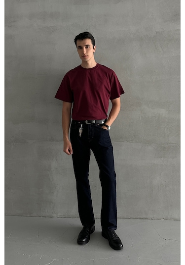 Hyman Erkek %100 Pamuk Oversize Basic T-shirt Bordo