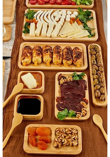 32 Parça Bambu Serisi Kahvaltı Seti 6 Kişilik Bambu Kahvaltı Takımı Sunum Servis Set Bambu Set Kahverengi