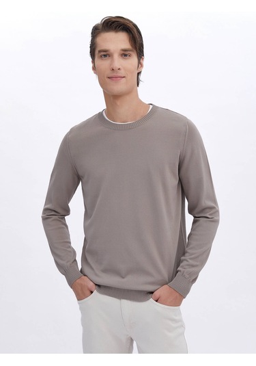 Açık Vizon Bisiklet Yaka Düz Örgü Triko Kazak Vizon