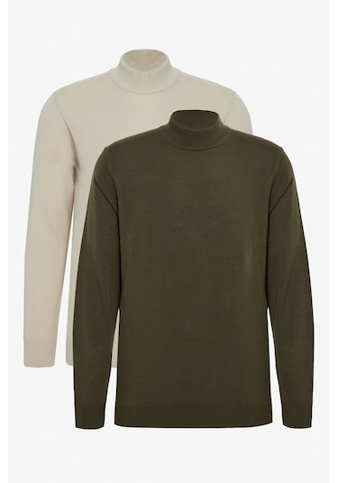 Erkek Bej Hakı 2'li Paket Standart Fit Normal Kesim Yarım Balıkçı Yaka Basic Triko Kazak Bej Hakı