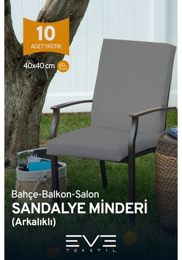 Eve Tekstil Bahçe - Salon - Balkon Arkalıklı Fermuarlı Bağlanabilir Yıkanabilir Sandalye Minderi 10 Adet Gri