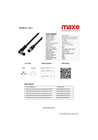 M8 4pin Dişi Düz Konnektörlü PVC 1mt