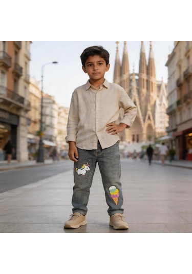 Kaizer Jeans Dondurma & Unicorn Baskılı Füme Çocuk Pantolonu