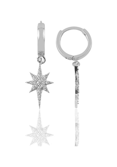 Gümüş Rodyumlu Zirkon Taşlı Kutup Yıldızı Halka Küpe