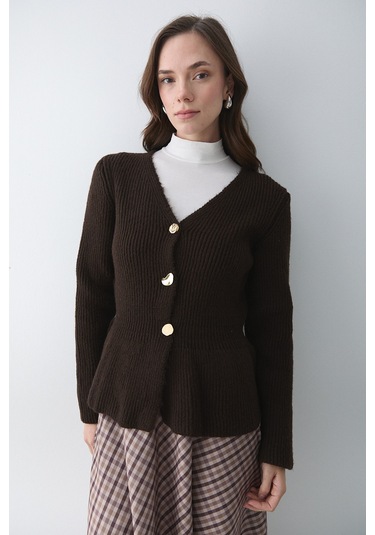 Kahverengi 3 Düğmeli Pileli Hırka - 251065 Kahverengi