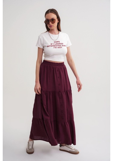 4662 Kadın Düğme Detaylı Büzgülü Modal Etek Bordo Bordo