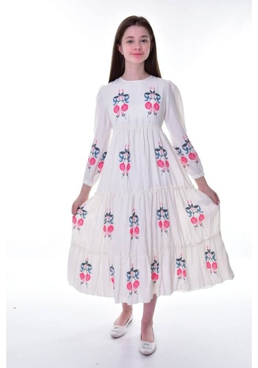 Kız Çocuk Pamuklu Keten Uzun Boydan Astarlı Elbise Kırmızı-krem