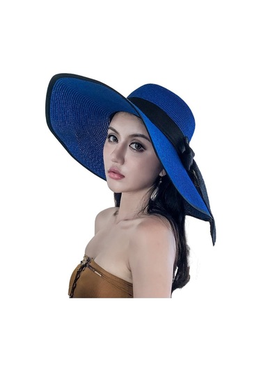 Geniş Kenarlı Egzotik Desenli Plaj Şapkası Kadınlar İçin Güneşten Koruyucu Yazlık Hasır Şapka Modelleri Lacivert