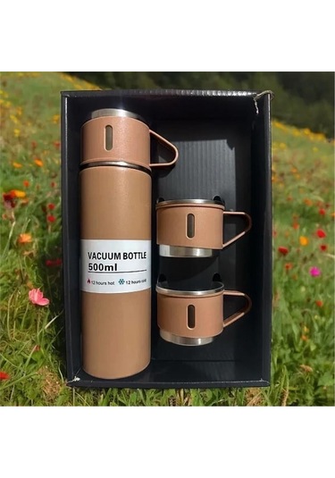 Kişiselleştirilebilir 3 Bardaklı Çelik Termos 05 Lt Kahverengi Kahverengi