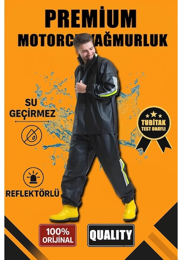 Premium Motorcu Kurye Yağmurluk Takım Su Geçirmez Pvc Kumaş Reflektörlü Tübitak Onaylı - Siyah Siyah