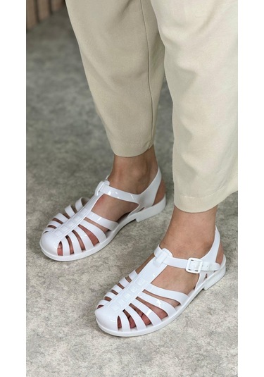 Kadın Çocuk Deniz Ayakkabısı Plaj Havuz Rafting Jel Görünümlü Şeritli Kaydırmaz Taban Sandalet 309 Beyaz