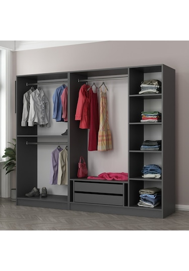 Minar Kale 5 Bölmeli 2 Çekmeceli Giyinme Dolabı Antrasit 210cm
