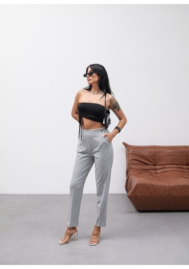Dekorati F Düğmeli Arka Bel Lasti Kli Pantolon Gri
