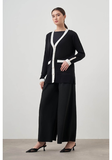 Mizalle Şeritli Rayon Siyah Hırka Siyah