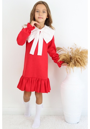 Kız Çocuk Rashel Kırmızı Yakalı Fırfırlı Uzun Kol Keten 23 Nisan 29 Ekim Gösteri Elbisesi Kırmızı