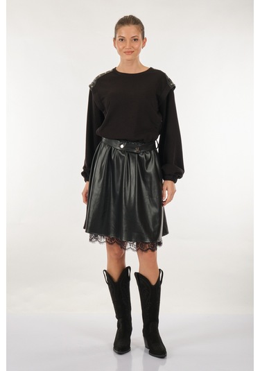 Unique Mode Yuvarlak Yaka Deri Detaylı Siyah Kadın Elbise UW23351