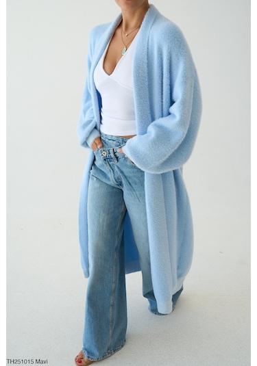 Kadın Giyim Oversize Uzun Peluş Hırka Yumuşak Dokulu, Rahat Ve Şık Tasarım Şık Kombinler Mavi