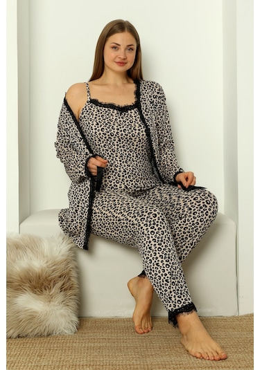 Sabahlıklı Dantel Detaylı Pegasus Kadın Pijama Takımı-çeyizlik Takım- Geniş Beden Aralığı Leopar