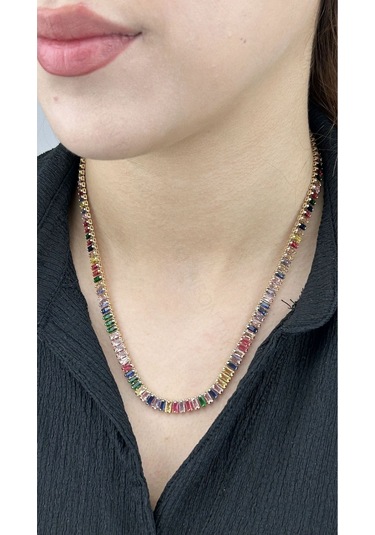 Su Yolu, Çok Renk Zirkon Taşlı, Paslanmaz Çelik Kolye 196, Kasa Altın Renk Çok REnkli