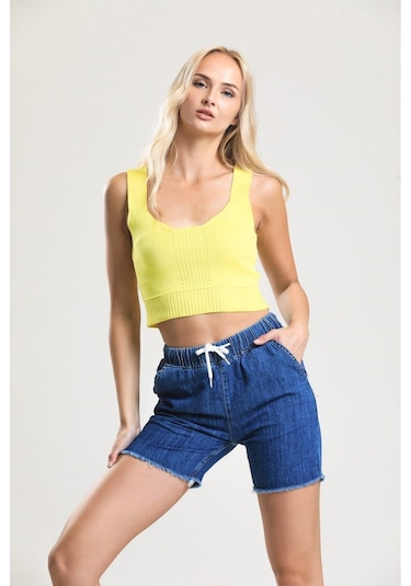 Pass&Pass 2080 Kadın Püsküllü Paça Jeans Denim Kot Şort Koyu Mavi