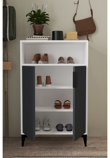 1202 Ada Ayakkabılık 4 Raflı 2 Kapaklı Çok Amaçlı Dolap Antrasit Beyaz Antrasit - Beyaz
