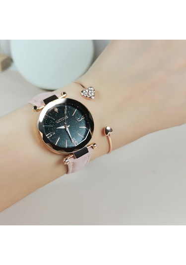 Kadın Saat Seti Bilezik Moda Aydınlık Eller Dişli Hareket Retro Kuvars Kol Saati Pembe Diğer