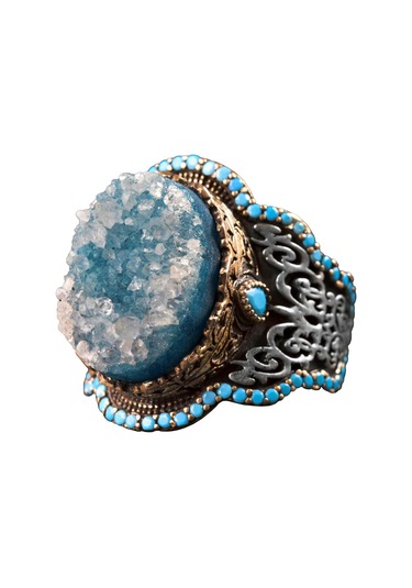 El Yapımı 925 Ayar Gümüş Erkek Yüzük İle Doğal Taş - Kültürel Tasarım Mavi Drusy Kristali Gümüş