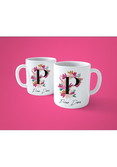 Renkli Çiçekli P Harfli Kişiye Özel İsimli Baskılı Kupa Bardak