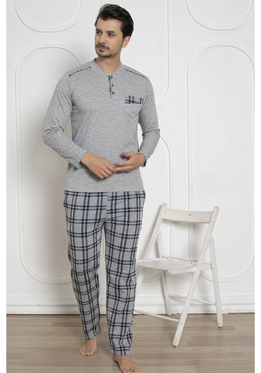 Erkek Ekose Desen Likralı Pamuk Uzun Kol Kışlık İnterlok Göğüs Cepli Pijama Takımı Gri