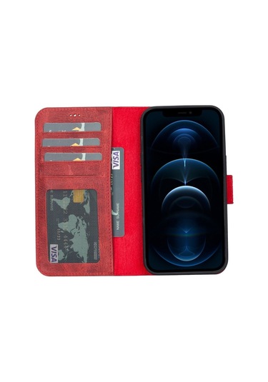 Apple İphone 13 Pro Uyumlu Deri Cüzdanlı Kılıf Liluri G4 Kırmızı