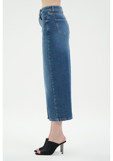 Orta Mavi Yüksek Bel Önü Yırtmaçlı Jean Etek C 4532-045 Orta Mavi