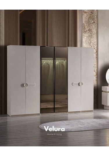 Moon 6 Kapaklı Aynalı Gardırop Dolap Ekru