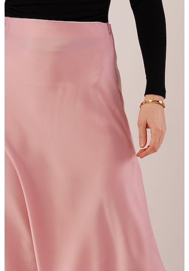 Çan Kesim Midi Pembe Saten Etek Pembe