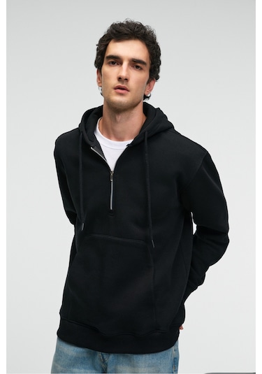 JUSTUS Erkek Kapüşonlu Kanguru Cepli Fermuar Yakalı Siyah Sweatshirt