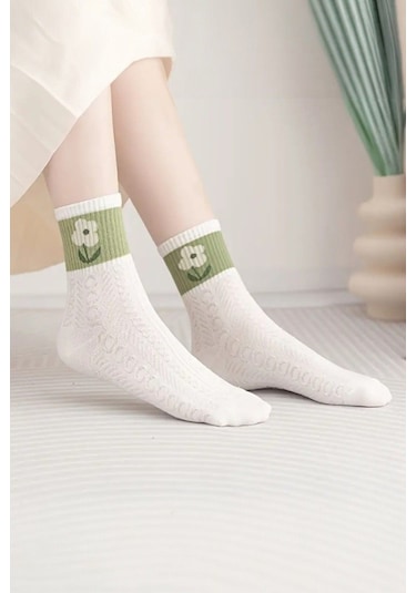 Kadın 5 Çift Premium Kalite Yeçil Çiçek Desenli Soket Çorap Beyaz - Yeşil