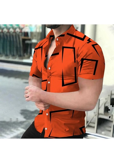 Snapbuy Erkek Geometrik 3d Baskılı Plaj Gömleği Kısa Kollu Hawaii Stil Küba Camisakahverengi Kahverengi