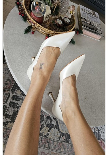 10 80 Topukla Kadın Beyaz Sedef 8cm Topuklu Stiletto Sedef