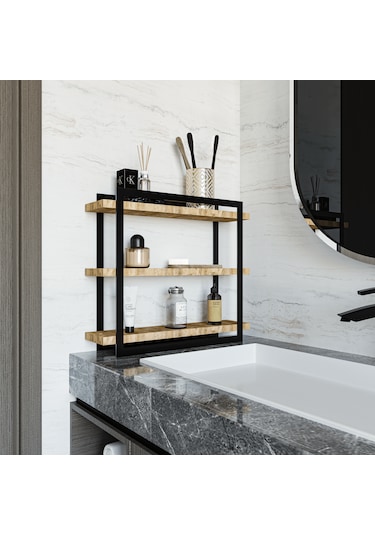 Mutfak Banyo Rafı 3 Raflı Metal Çerçeveli Atlantik Çam