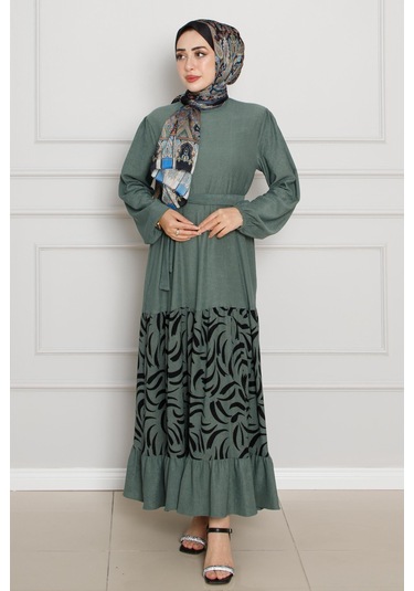 Eteği Desenli Karin Elbise-zümrüt Yeşili-4272-zümrüt Yeşili Zümrüt Yeşili