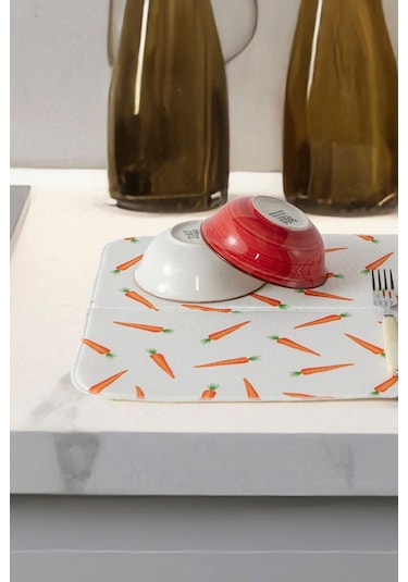 Bulaşık Kurutma Örtüsü, Bulaşıklık, Tezgah Üstü Bulaşık Matı, Süper Emici Mutfak Matı, Havuç Desenli Çok Renkli