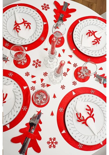 Yılbaşı Temalı Supla Seti 4 Kişilik Kırmızı Keçe, 3mm, Bardak Altlığı Ve Peçetelikli Kırmızı
