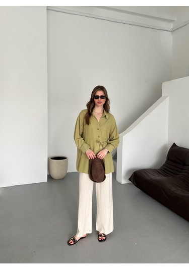 Haki %100 Pamuk Çapraz Düğmeli Beli Kemerli Gömlek Haki