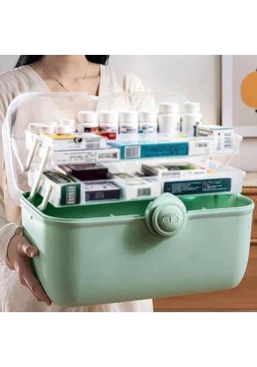 Bosphorusboutique02 3 Katlı Green İlaç İlk Yardım Çantası, Açık Yeşil, 100% Kaliteli Plastik, Aile Kullanımı İçin Açık Yeşil
