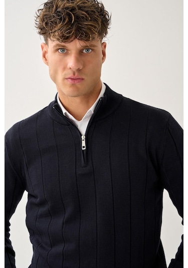 Dikey Dokuma Desenli Fermuarlı Triko Kazak Lacivert