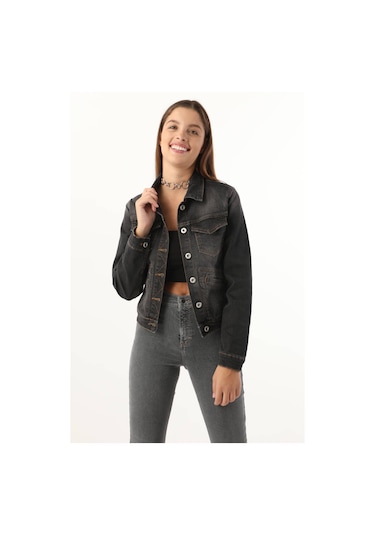 Kadın Cep Detaylı Slim Fit Jean Ceket Siyah 001