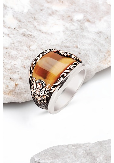 ​Gümüş Özel Kesim Kaplan Gözü Taşlı İşlemeli Erkek Yüzük -5614