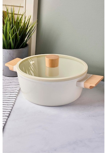 Cookwood Beige İndüksiyon Tabanlı Ahşap Kulplu Kapaklı Seramik Derin Tencere 20 Cm Bej Bej